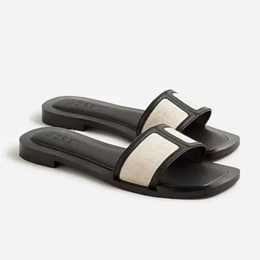 J. Crew Callie Black Leather Canvas Slide Sandals Size 7.5